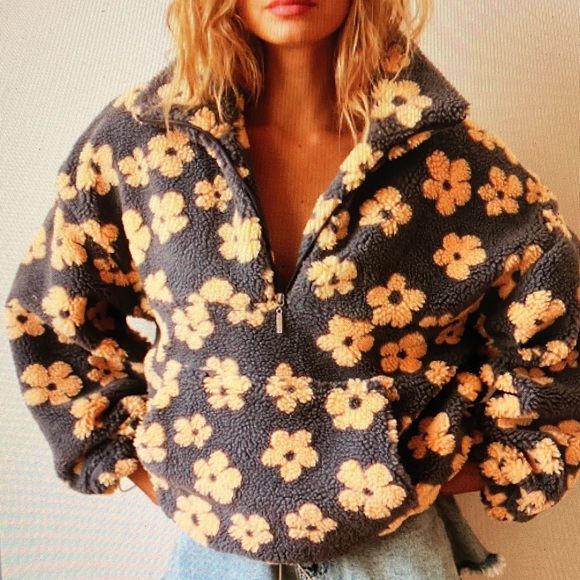 No brand Jackets & Blazers - Floral Teddy Jacket in Gray and Cream